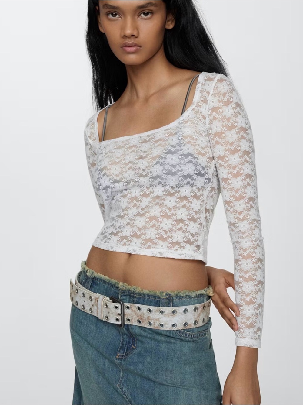 Mango White Sheer Lace Long-Sleeve Crop Top